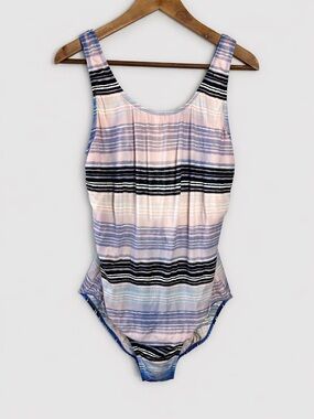 LL Bean Women's BeanSport Swimwear Scoopneck One piece Size 18W Striped UPF 50+